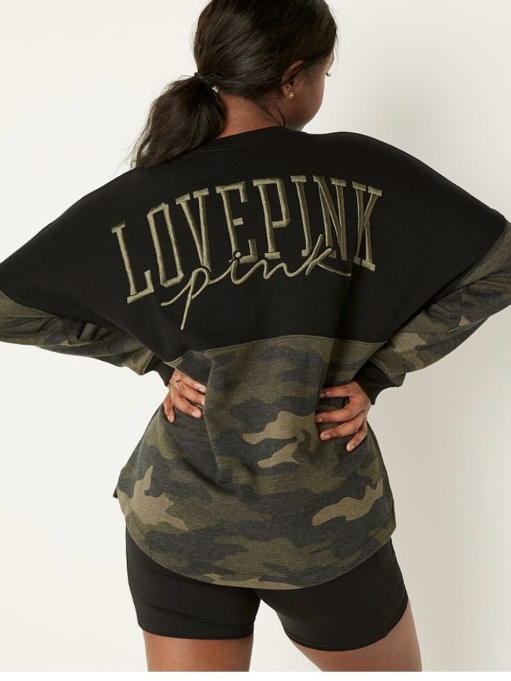 PINK Victoria's Secret Black & Olive Camo LOVE PINK Pullover Hoodie.